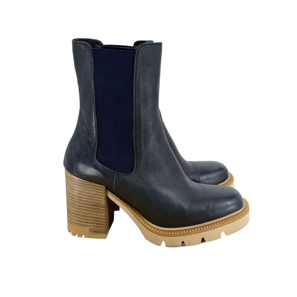 Bueno Navy Blue Leather Lug Sole Chelsea Boots Block Heel‎ Platform Size 37